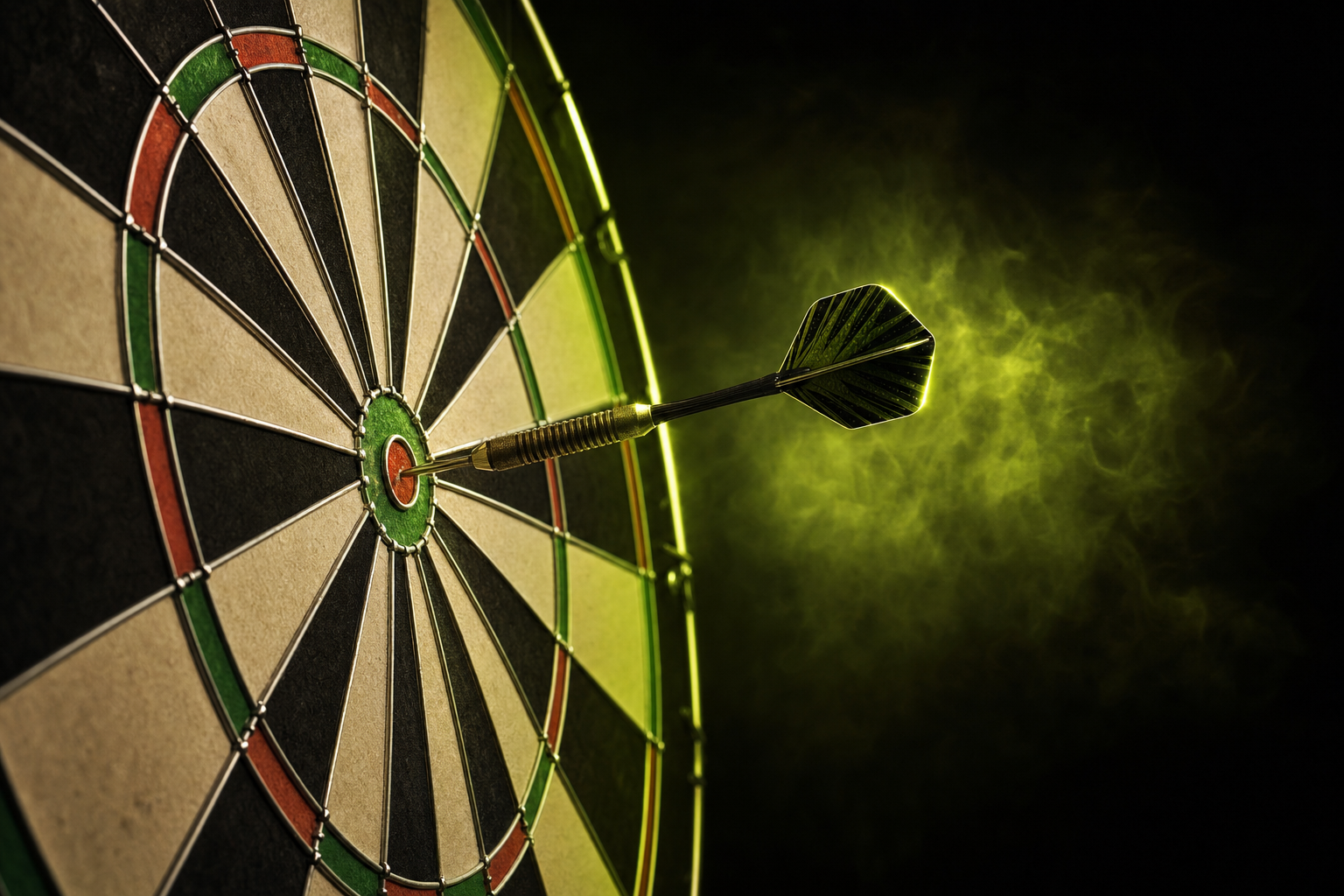 Dartboard in dunkler Arena mit Lime-Akzentlicht, Pfeil im Bullseye