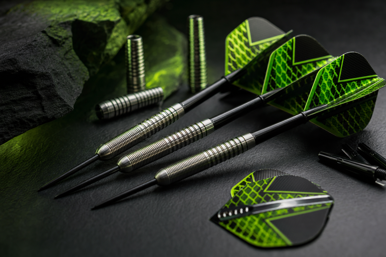 Dart-Equipment: Barrels und Flights auf dunklem Stein