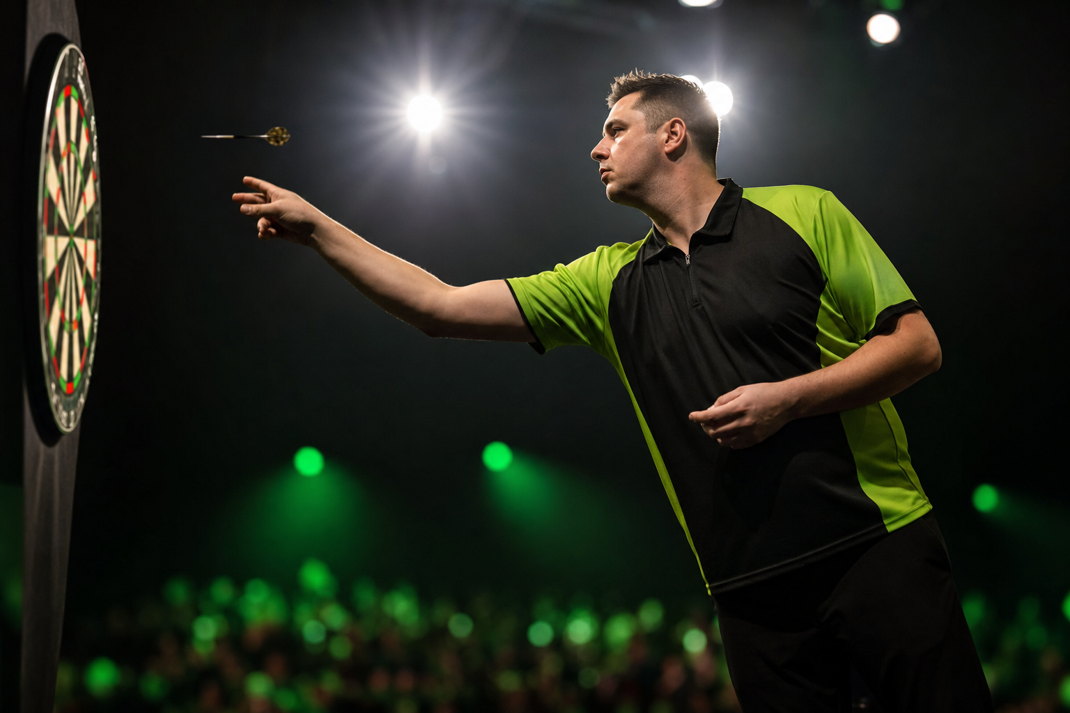 Dartspieler beim Abwurf an der Oche-Linie